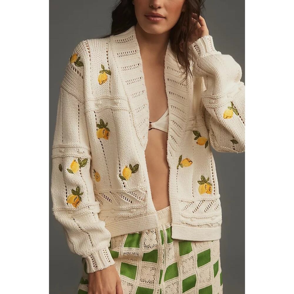 Anthropologie Maeve Embroidered Icons Cardigan Sweater Lemon NWT Medium
